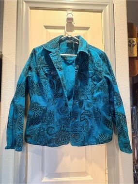Chico's Turquoise Floral Print Jean Jacket
